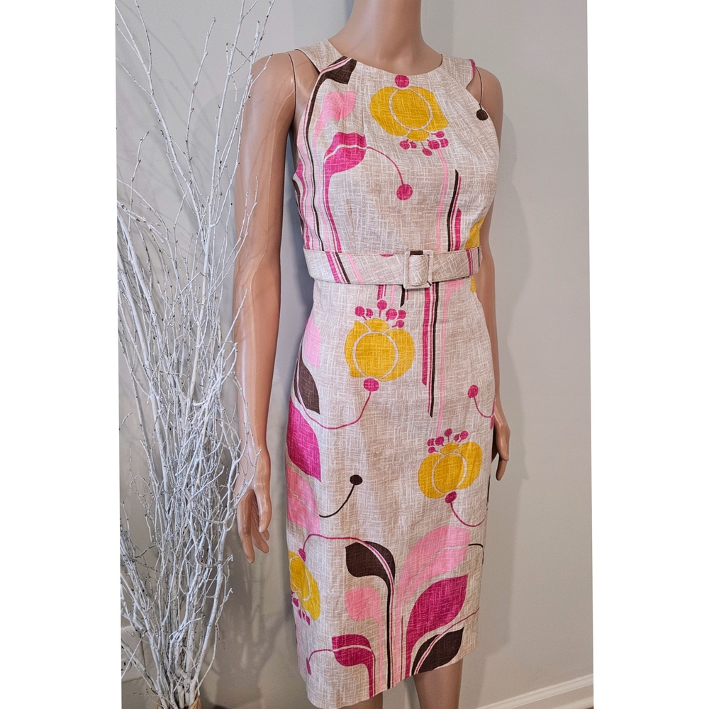 David Meister Vintage Beige Floral Abstract Print Belted Sleeveless Sheath Dress